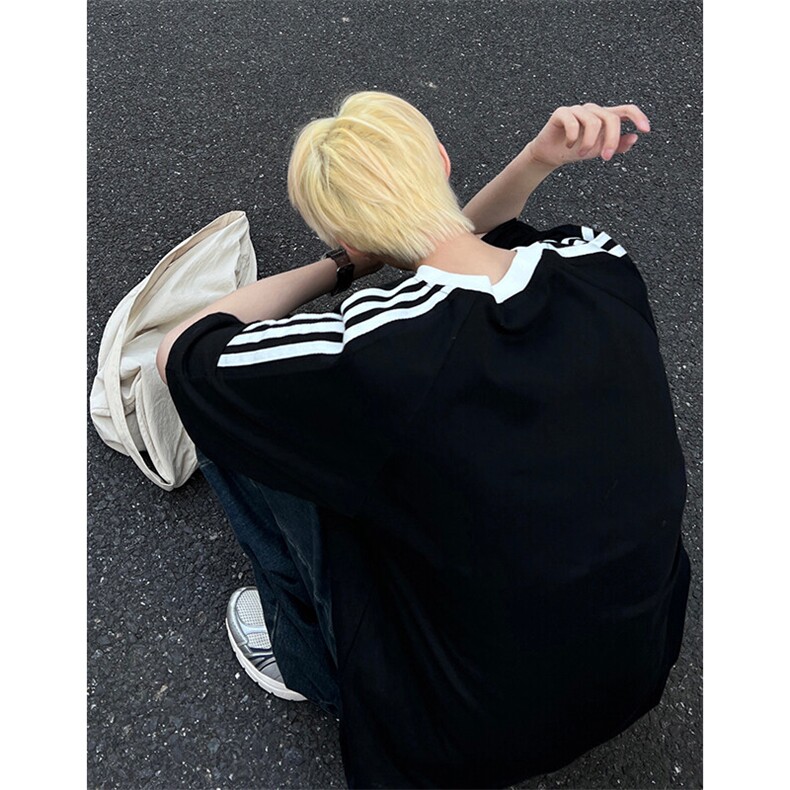 抖音得物品质夏季美式高街纯棉三条杠织带男女短袖T恤ZD588特25,男装T恤,电商A486-1