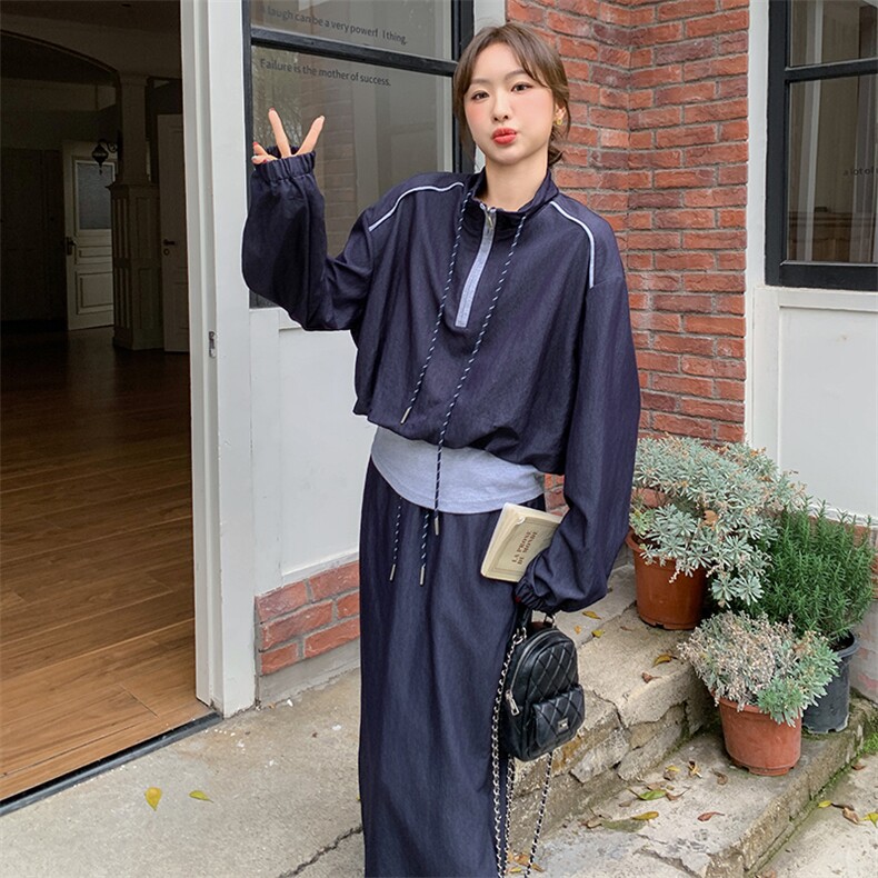 藏青色休闲运动套装裙女2025春季新款韩版学院风减龄半身裙两件套,女装套装/套裙,2C108
