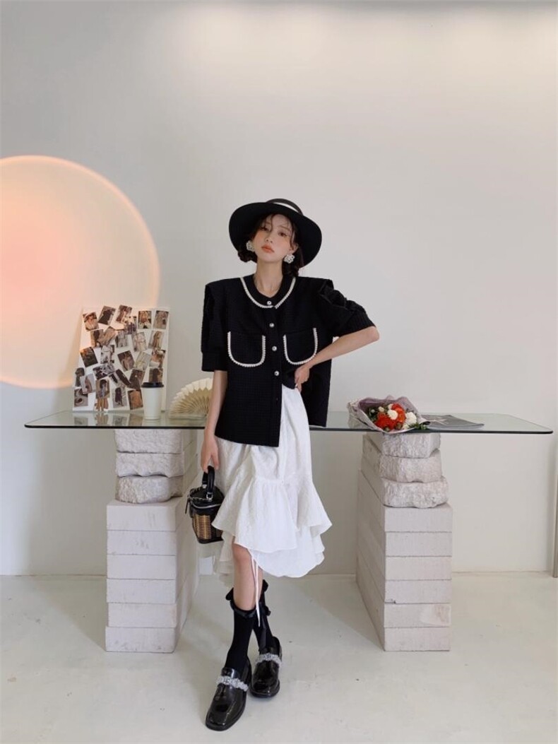 珍珠黑色上衣?提花半裙，女装半身裙，YOUER DENG