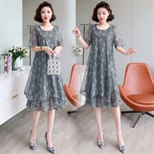 雪纺连衣裙女夏季新款宽松加大码胖MM遮肚子显瘦中年妈妈碎花裙子，女装连衣裙，缘衣格