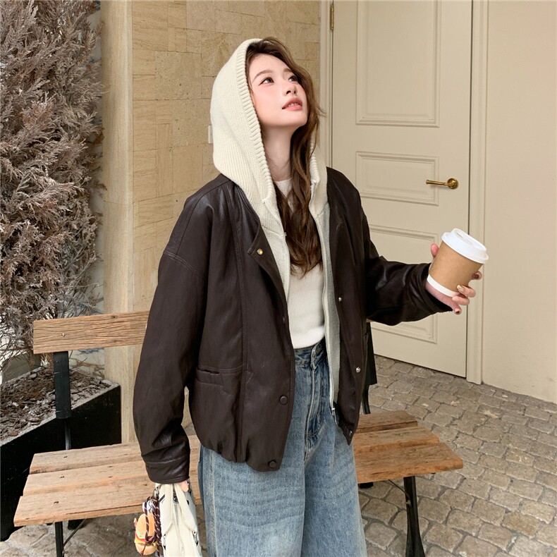 韩版针织连帽假两件短款羽绒服女2025冬装保暖皮衣夹克外套上衣潮,女装皮衣,艾米莉亚