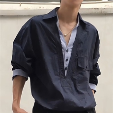 老钱风假两件V领衬衫男女春秋慵懒风设计感宽松穿搭拼接工装外套，男装衬衫，星座302B