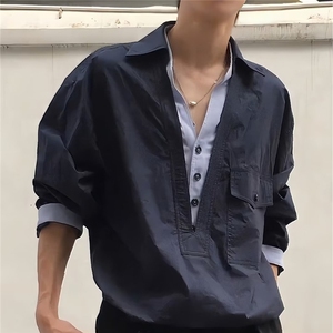 老钱风假两件V领衬衫男女春秋 慵懒风设计感宽松穿搭拼接工装外套图片