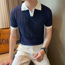 夏季透气拼色轻熟男Polo衫V翻领弹力提花纹理修身短袖针织S326，男装Polo衫，星座1116A-2（原606A-1）
