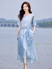 蓝色连衣裙套装女2025新款韩系夏日穿搭一整套短袖吊带裙子三件套，女装套装/套裙，靓衣阁