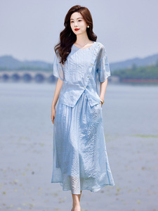 蓝色连衣裙套装女2025新款韩系夏日穿搭一整套短袖吊带裙子三件套图片