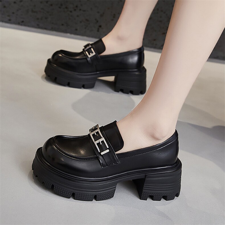 真皮厚底乐福鞋女一脚蹬2024春季新款女鞋粗跟单鞋百搭英伦小皮鞋，女鞋小皮鞋，星座1407-3