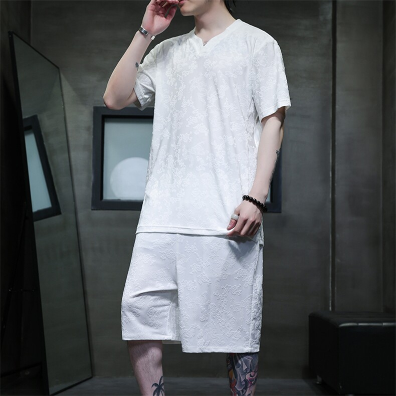 2026夏季风男装套装针织龙纹提花唐装套装短袖+短裤A100-P85，男装牛仔裤，电商B277(原6028)