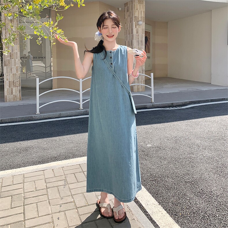 蓝色显瘦休闲薄款牛仔长裙新款轻熟风减龄背心裙夏季无袖连衣裙女,女装连衣裙,2C186
