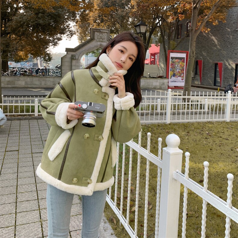韩系chic羊羔毛外套女冬韩版宽松今年流行加绒加厚皮毛一体机车服,女装棉衣/棉服,帛香坊
