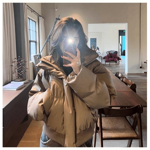 现货5W件冬季三防重磅硬挺boxy短款羽绒立领PU皮棉衣外套加厚棉服图片