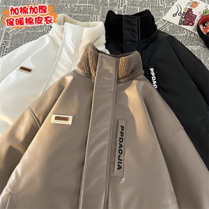 特批P100无差价港风oversize复古PU皮立领棉服男加棉皮衣外套M91图片