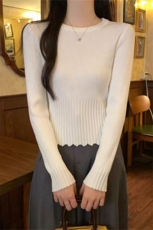 春季新款时尚法式坑条收腰圆领针织衫，女装羊毛衫，旭驰羊绒