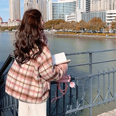 【新款】粉色格纹夹棉毛呢外套拼兔毛C37-P185K278，女装毛呢外套，2C272
