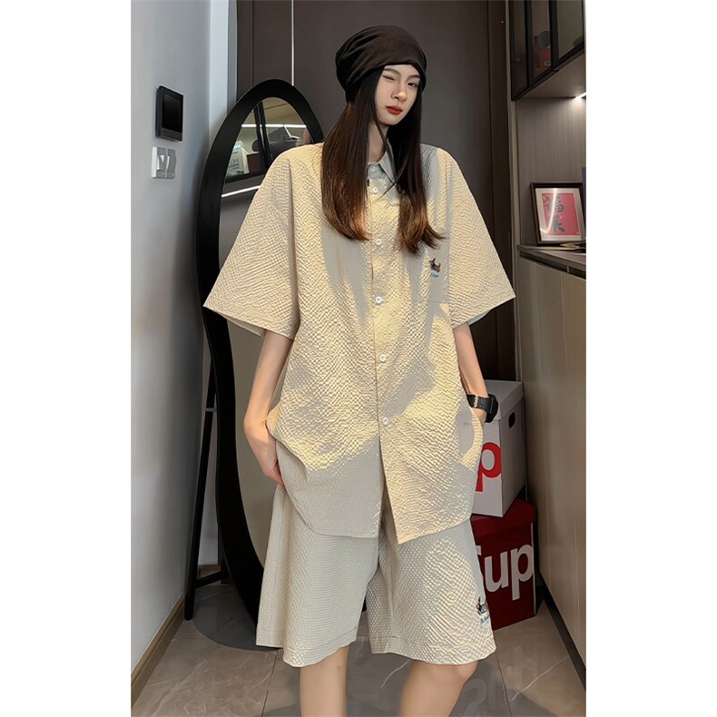 特批P39无差价夏季港风透气泡泡纱刺绣腊肠狗两件套CD5483+DK5863，男装休闲套装，电商A001-1