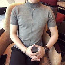 M01/p45针织衫毛衣男早秋男士半高领纯色修身内搭打底衫线衣灰，男装针织衫/毛衣，电商D303