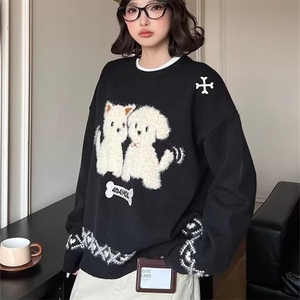 2026秋冬新款提花趣味小狗毛衣男女美式圆领套头学院百搭针织衫图片