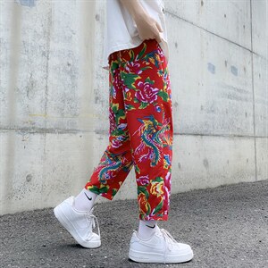 XK01秋新东北大花风休闲小西裤九分民族风牡丹花修身潮西裤图片