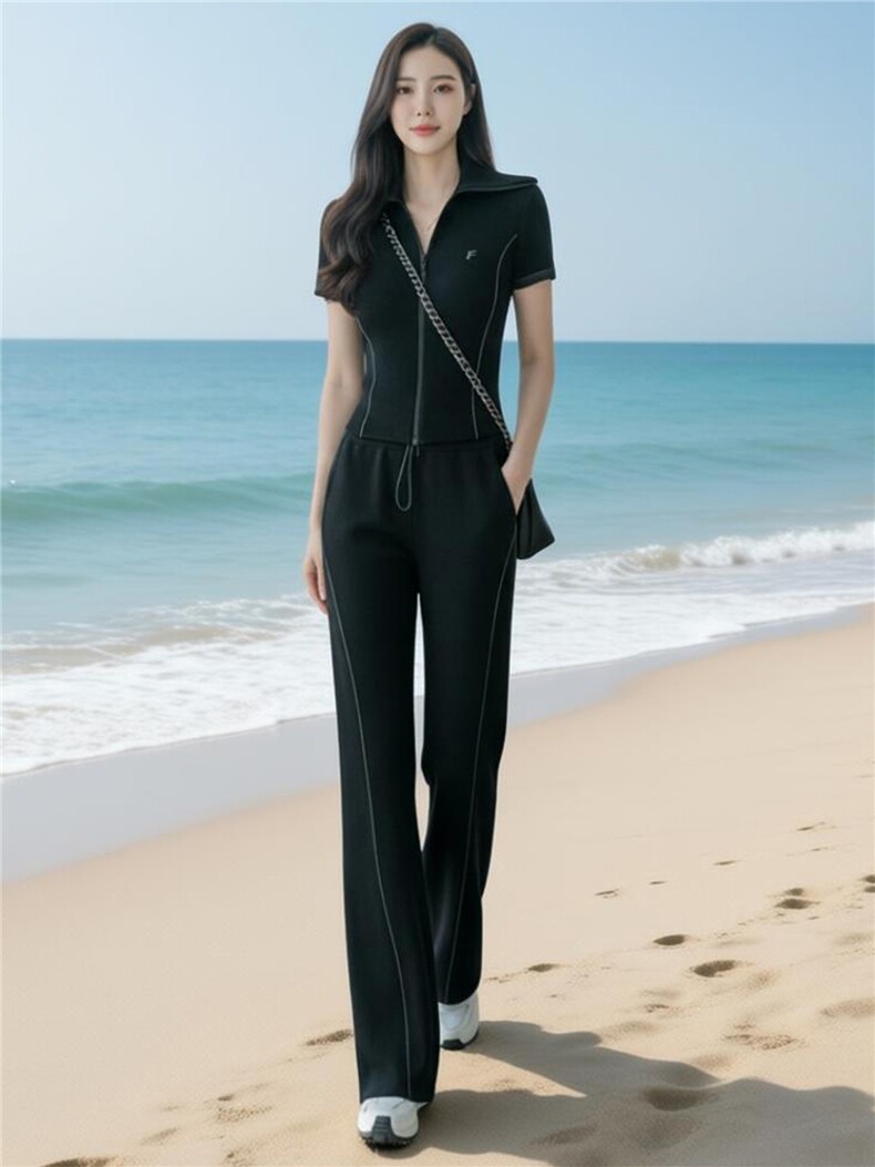 潮流时尚休闲运动套装女夏季新款显瘦气质翻领短袖卫衣长裤两件套,女装套装/套裙,江南