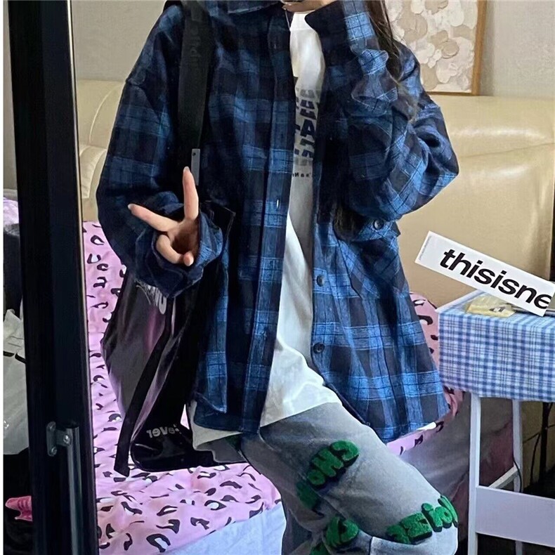 港风复古藏蓝色格子长袖衬衫男女潮牌设计感宽松慵懒风休闲薄外套,男装衬衫,星座506A