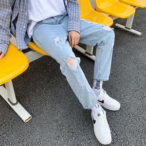 牛仔裤男士秋季潮牌破洞ins韩版潮流百搭九分休闲长裤子7116-P35图片