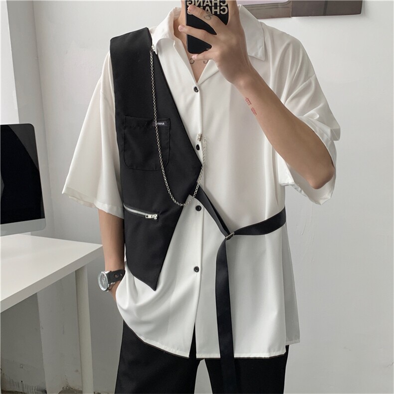 短袖衬衫配马甲高级感男装设计感假两件拼接衬衣外套 W3057-P46图片