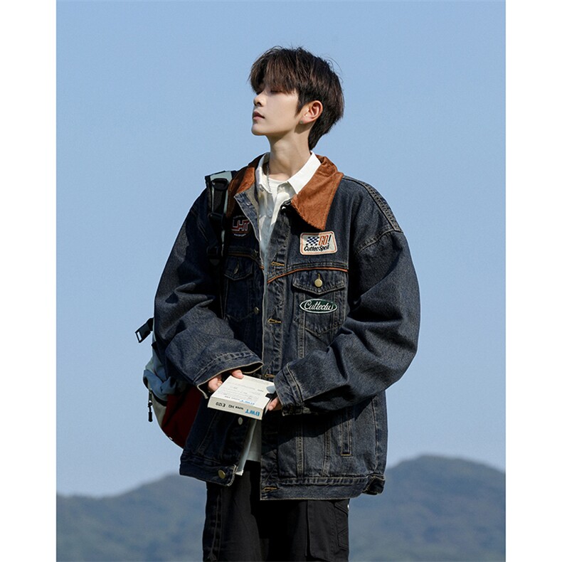 美式复古秋冬季拼色拼接刺绣牛仔外套男女机车风宽松翻领夹克上衣,男装工装外套,星座505-2（原电商A260-1)