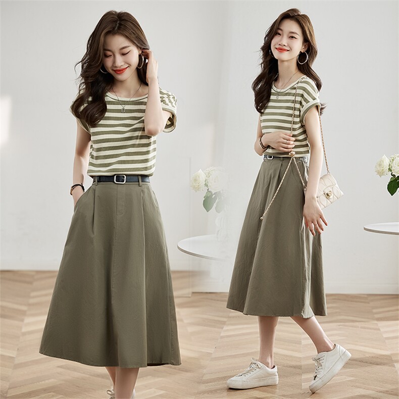 半身裙套装女小个子2025夏季新款休闲时尚收腰显瘦条纹t恤两件套，女装套装/套裙，采品优优
