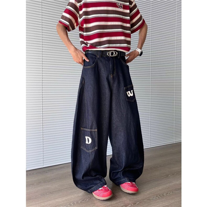 廓形弯刀牛仔裤男女春夏新款字母印花设计感宽松阔腿裤N07666-P55图片
