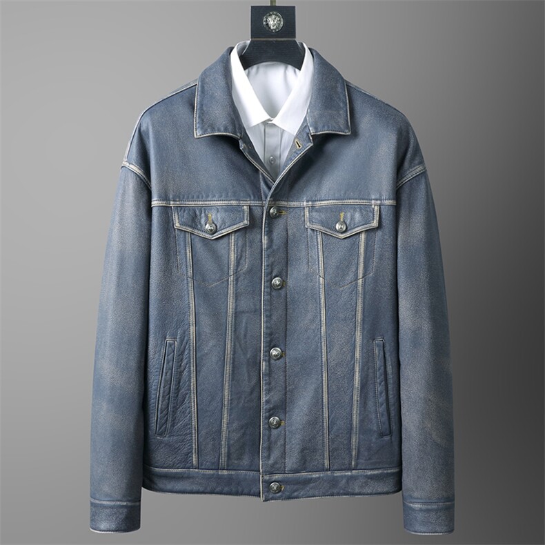春秋新款海宁真皮皮衣男牛仔蓝外套头层牛皮夹克复古休闲男装通勤，男装夹克，电商B360