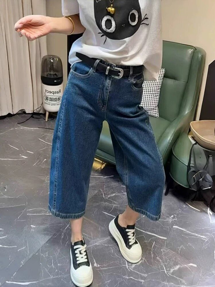 2025韩版百搭宽松高腰显瘦八分镰刀牛仔裤,女装休闲裤,湘姗