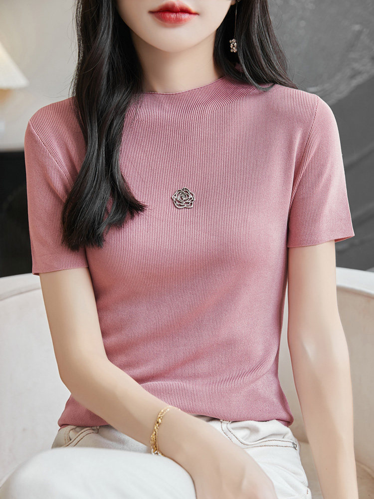 圆领新款针织女短袖纯色简约百搭宽松套头上衣通勤,针织衫/毛衣,戎洋