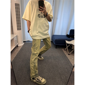 美式hiphop纯色星星装饰修身直筒牛仔裤 控价68图片