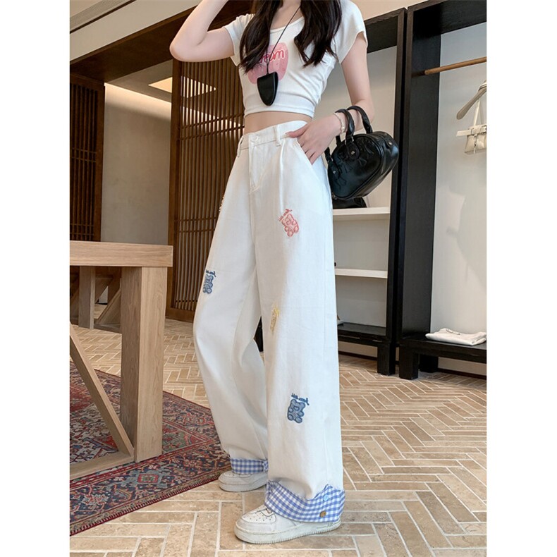 AK2217-P65小熊刺绣格子翻边休闲裤女夏高腰直筒宽松阔腿裤,男装休闲裤,星座617A-2
