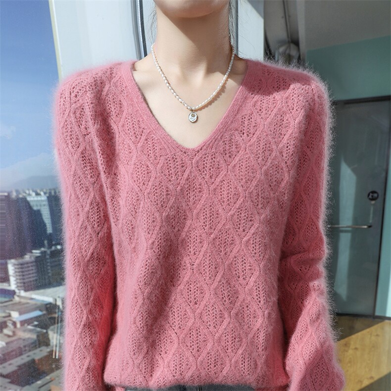 秋冬季新款舒适时尚百搭V领貂绒衫，女装针织衫/毛衣，冬贝尔貂绒