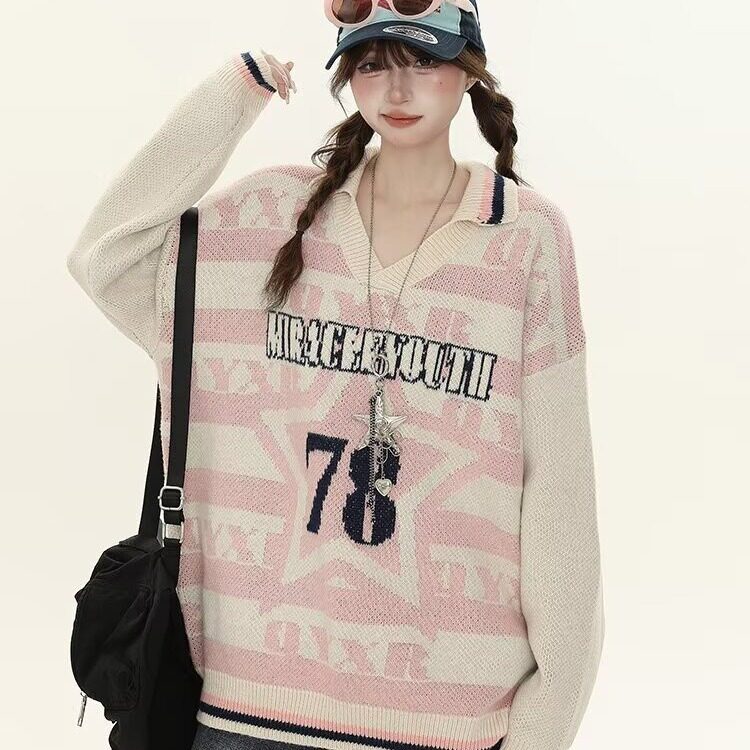 D069-P57字母蓝色显瘦毛衣女秋冬慵懒风软糯宽松POLO衫套头,男装针织衫/毛衣,电商B323A