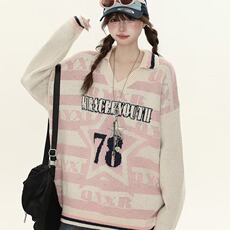 D069-P57字母蓝色显瘦毛衣女秋冬慵懒风软糯宽松POLO衫套头，男装针织衫/毛衣，电商B323A