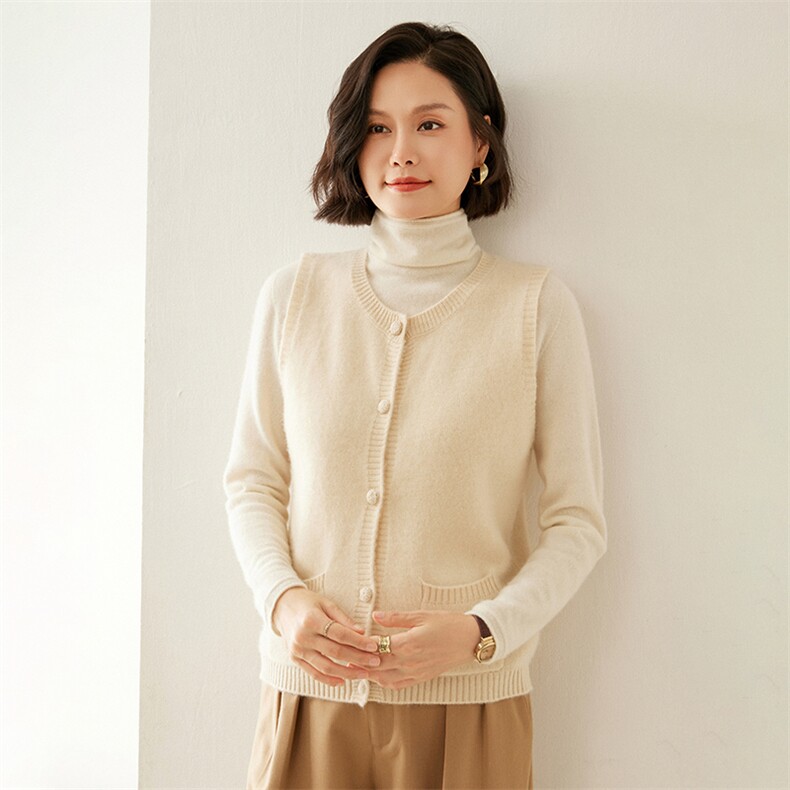 2024秋季新款圆领带兜开衫马甲通勤百搭,女装马甲,蚂蚁派对工厂直营店