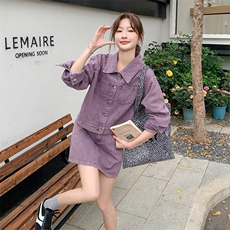 紫色复古牛仔套装裙女2025春季新款超好看减龄小个子半身裙两件套，女装套装/套裙，2C206