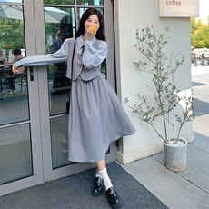 学院风减龄假两件灰色连衣裙女春秋长袖衬衫裙韩系小清新文艺复古，女装连衣裙，灵力轩
