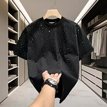 欧货时尚潮牌轻奢男T恤短袖网红新款小众烫钻高端圆领半袖体恤,男装T恤,电商B212（原钱塘6029）