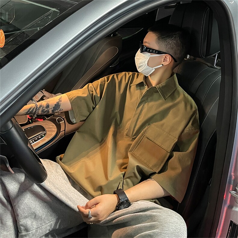 T6069/P35现货简约短袖衬衫男设计感小众工装衬衣polo衫宽松T恤男，男装Polo衫，电商A141