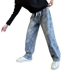 秋冬加绒牛仔裤男士个性树叶印花直筒牛仔弯刀裤潮901N50加绒P68，男装牛仔裤，星座901