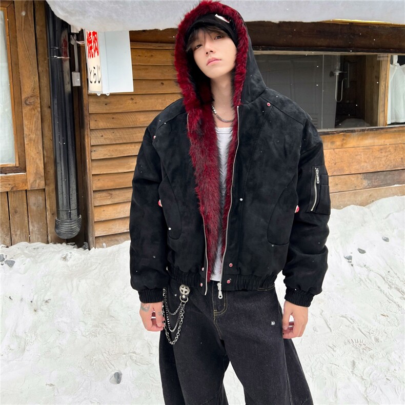 网图痞帅暗红色座山雕连帽棉服情侣棉衣夹克外套A025-NY1313-P130,男装夹克,电商A025