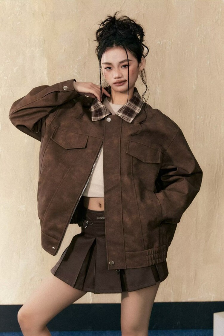 2026美式复古麂皮绒撞色皮翻领外套女春秋季韩系chic夹克宽松上衣,男装夹克,星座218-8