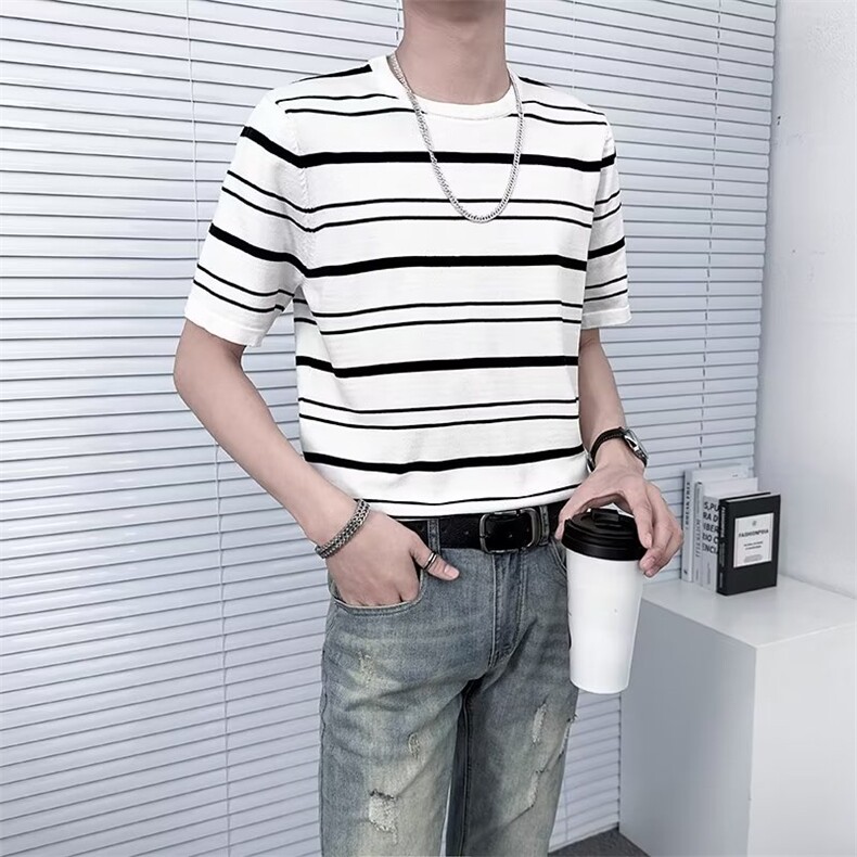 春夏季短袖针织衫男条纹痞帅洋气半袖打底衫男生轻熟风TM21,男装针织衫/毛衣,星座1116A-2（原606A-1）