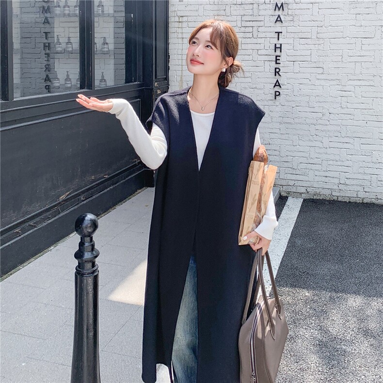 休闲减龄黑色双面呢羊毛马甲外套女秋冬2025新款气质超火长款大衣,女装毛呢外套,2C220