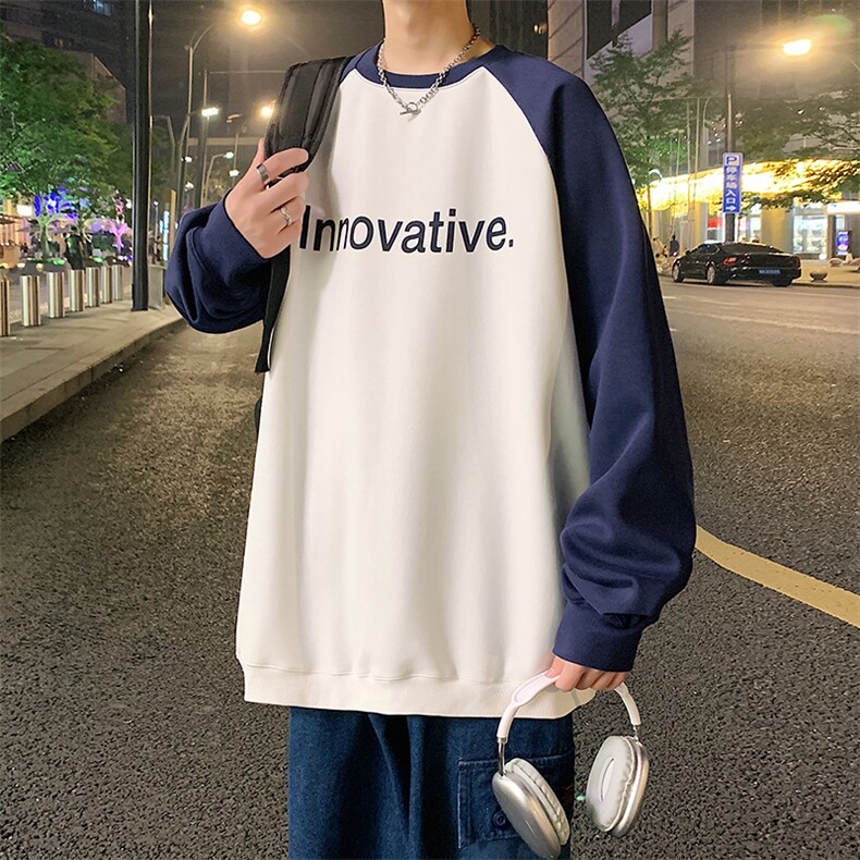 Y5045 P32港风拼接圆领卫衣男宽松长袖T恤打底衫外套图片