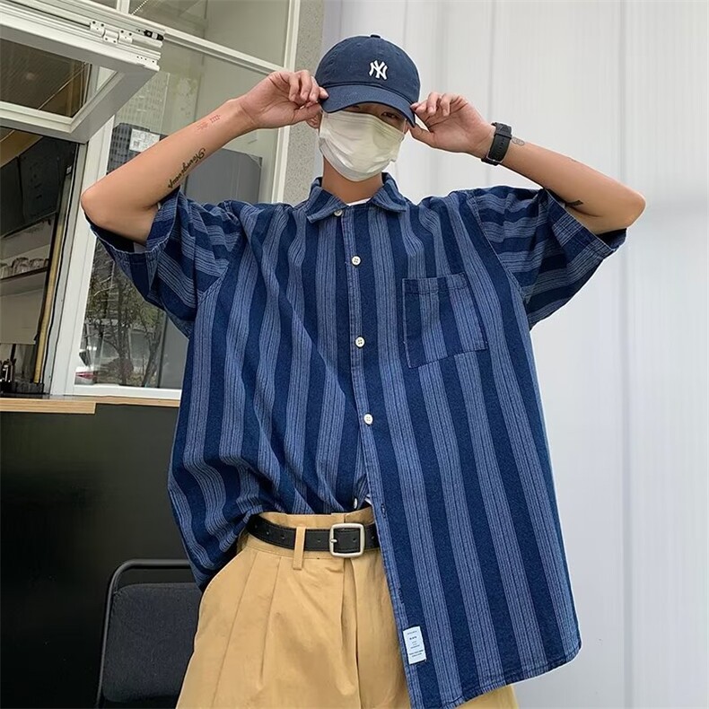 标准气质潮五分袖时尚简约青春流行新款条纹牛仔衬衫JQC03P60,男装衬衫,星座1116-2