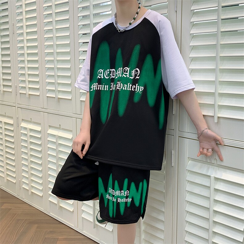 新款夏季短袖t恤套装冰丝透气港风宽松运动青少年男装潮TZ323P48图片